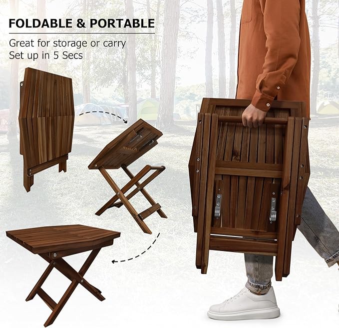 Melino Wooden Folding Table - Original Acacia Wooden Small Foldable End Coffee Tables - FSC Certified Solid Wood Patio Side Table - Weather Resistant & Fully Assembled - Indoor and Outdoor Furniture