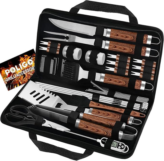 POLIGO 29 PCS BBQ Grill Accessories Stainless Steel BBQ Tools Grilling Tools Set with Storage Bag for Fathers Day Dads Birthday Presents - Camping Grill Utensils Set Ideal Grilling Gifts for Men Women
