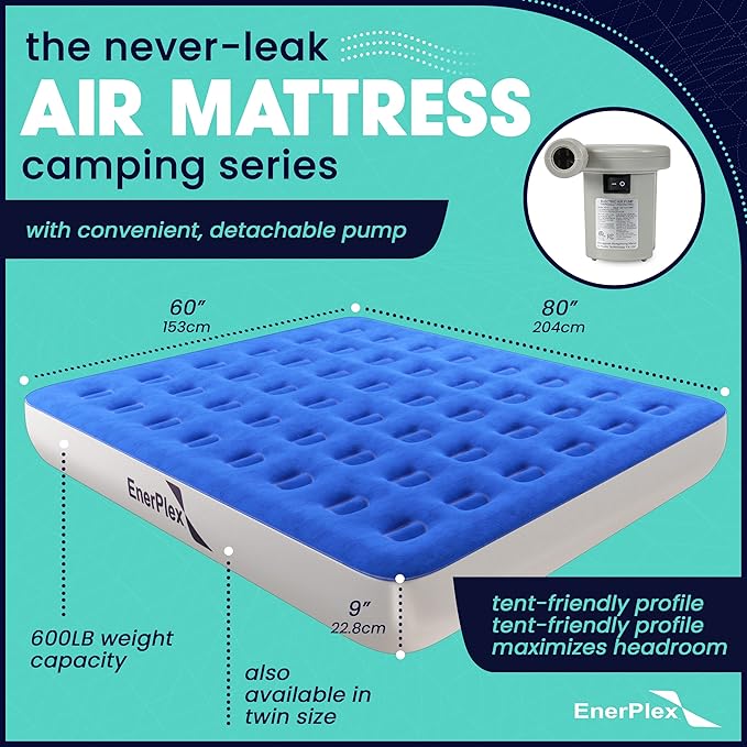 EnerPlex Camping Air Mattress with Built in Pump - Queen Blow Up Mattress for Travel & Guests - Portable Bed for Adults and Kids - Blue