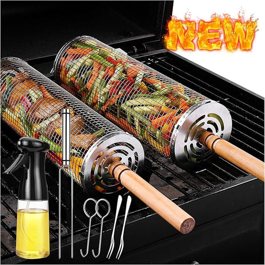 Rolling Grilling Baskets for Outdoor Grill Bbq Net Tube Stainless Steel Large Round Mesh Barbecue Accessories Must Have Cylinder Cage Picnic Gear Cooking Camping Basket for Veggies Vegetable Fish