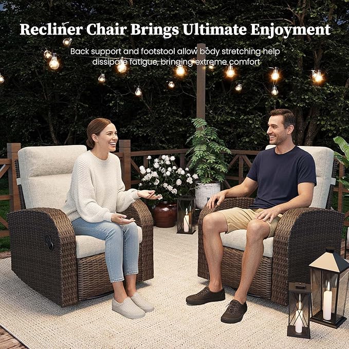 Outdoor Wicker Recliner Chair Set of 2 High Back Patio 360°Swivel Reclining Lounge Chair with 6-Inch Thick Cushion