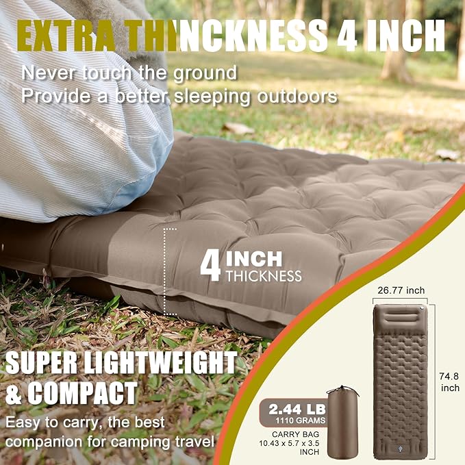 Inflatable Camping Sleeping Pad with Pillow, Extra Thick 4 Inch Sleeping Mat with Built-in Pump, Compact & Ultralight Camping Air Mattress for Backpacking Hiking Tent Traveling
