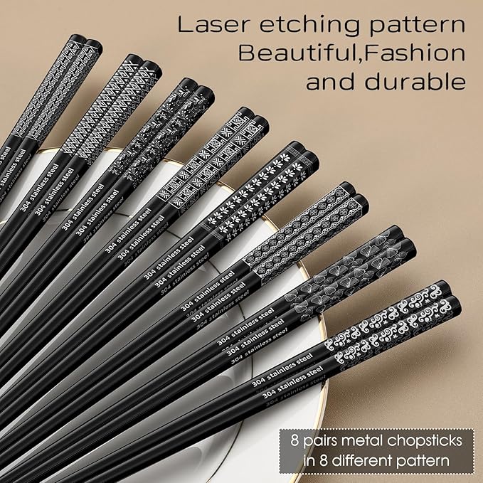 8 Pairs Metal Chopsticks Reusable Black Stainless Steel Chopsticks Set Laser Engraved Non-slip Japanese Korean Chinese Chopstick for Cooking Eating Dishwasher Safe 9.25" Chop Sticks Gift Set