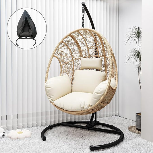 Hanging Egg Chair with Stand - Egg Swing Chair Outdoor Indoor Patio Wicker Chair Swing Hammock Egg Chairs 400lbs Capacity for Outside Patio, Bedroom, Garden and Balcony（Beige-Nest, 1PC）