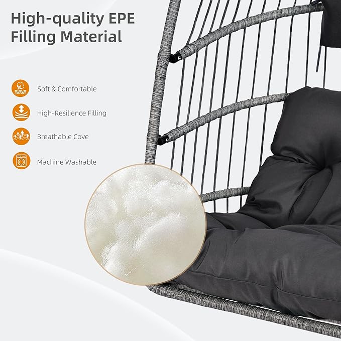 Foldable Hanging Egg Chair with Stand, HDPE Rattan and Heavy Duty Aluminum-Steel Frame, Outdoor Patio Wicker Swing Egg Chair with Headrest and Cushioned, 350 Lbs Capacity (Dark Grey)