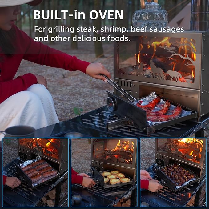 M8 Wood Burning Stove with Oven & Folding Camping Table, Stainless Steel Portable Hot Tent Stove, Including 6 Chimney Pipes, for Camping, Tents, Cooking and Travel Rose Gold