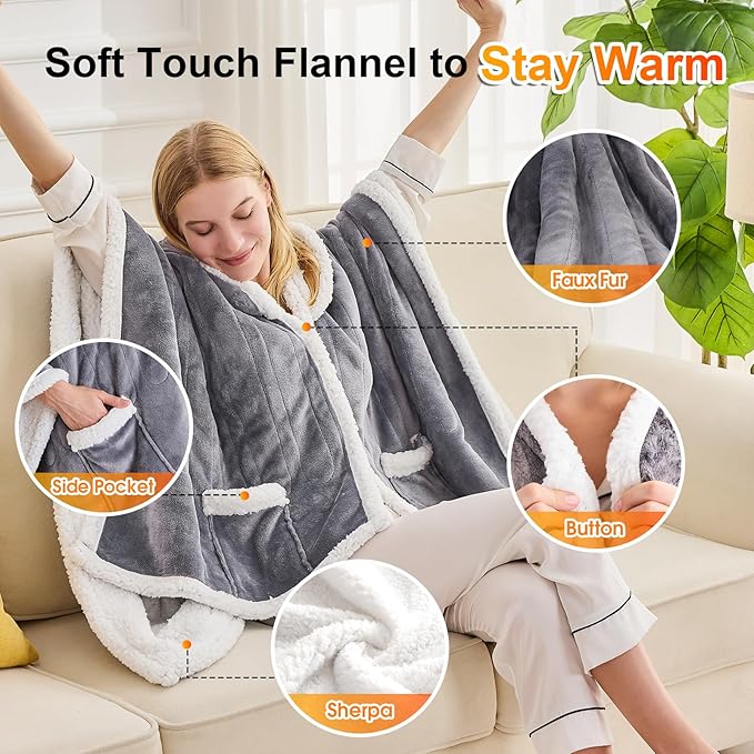 greenoak Wearable Heated Throw Blanket Electric Shawl - Heated Robe Poncho Blanket Hoodie for Adult, Winter Gifts for Mom Women Girlfriend Grandma 5-Position Timer 10-Heating Levels,Grey