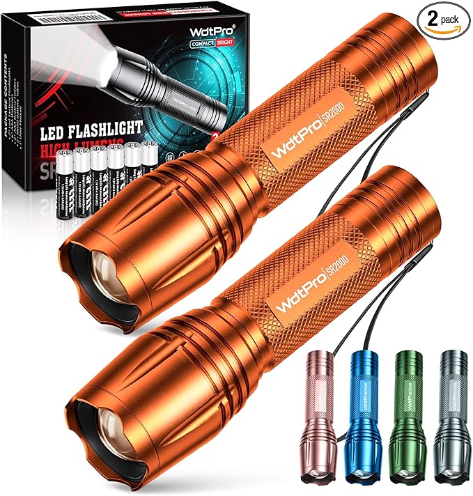 WdtPro LED Flashlight High Lumens SR2000 Pro, 2 Pack Brighter Tactical Flashlights with 5 Modes & Zoomable, Powerful Mini Flash Light for Emergency, Camping, Hiking (Orange)