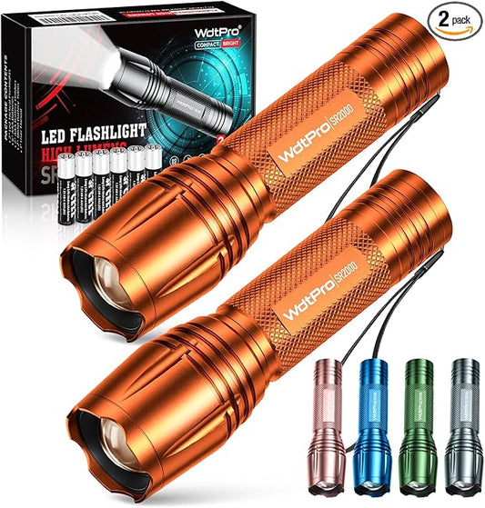 WdtPro LED Flashlight High Lumens SR2000 Pro, 2 Pack Brighter Tactical Flashlights with 5 Modes & Zoomable, Powerful Mini Flash Light for Emergency, Camping, Hiking (Orange)