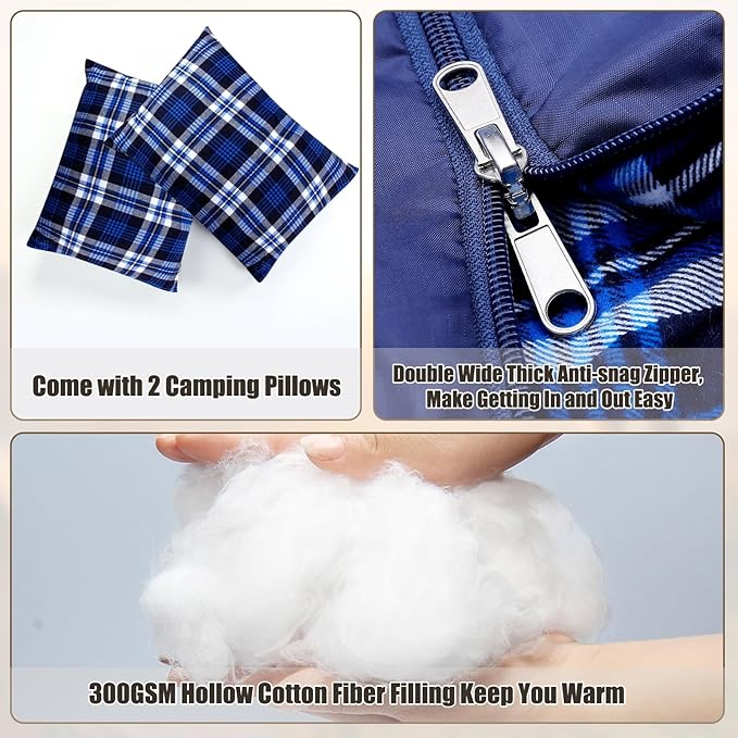 Double Sleeping Bag Flannel for Adults Kids, Queen Size for 2 Person with 2 Pillows, Warm & Cold Weather Sleeping Bag for Camping, Hiking, Waterproof Lightweight with Compression Sack
