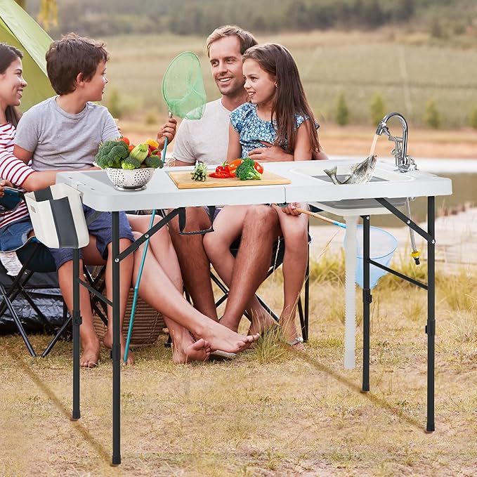 AHB 50" Folding Outdoor Fish Cleaning Table with Sink, Camping Kitchen Station Collapsible Faucet & Stainless Sprayer with 4pcs Fish Cleaning Kit for Camping, Picnic, Beach & Patio