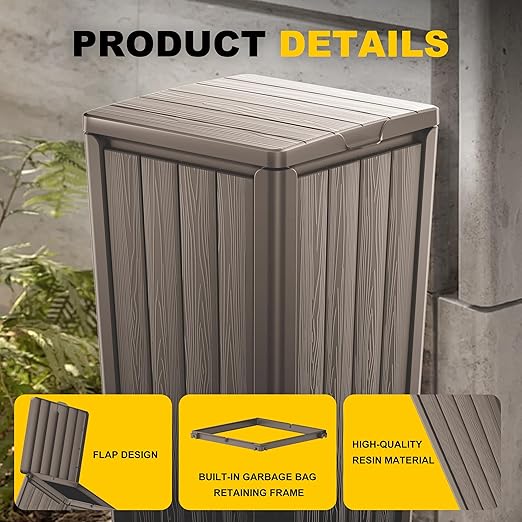 Vixzen 36 Gallon Kitchen Trash Can with Lid,Outdoor Waterproof Resin Waste Bin,Lightweight,Sturdy Garbage Bin for Patio,Kitchen,Backyard，Grey