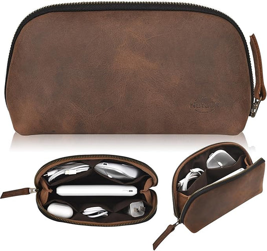 Leather Tech Pouch for Cables Chargers Phone | Tech Bag | Zipper Travel Accessory Pouch | Electronic Organizer Case Travel Bag (Vintage Dark Brown)