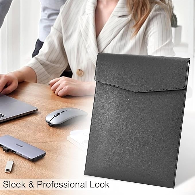 VANRA 1 Piece PU Leather File Folder Vertical A4 Document Holder File Envelope Waterproof Leather Portfolio Case Filing File Organizer for Letter Size with Magnetic Button Closure (Black)