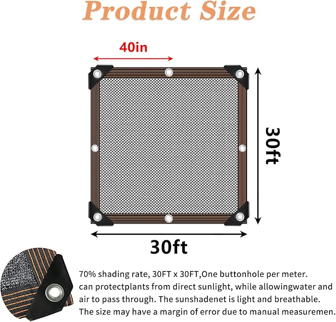 QLOFEI Shade Cloth for Garden, 70% Sun Screens for Patio Pergola Outdoor, Easy to Hang Mesh Tarp Shade Cloth with Grommets, Sunblock Neting Cover for Kennel Chicken Coop Plant, 30x30 FT