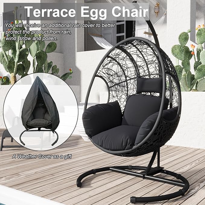 Hanging Egg Chair with Stand - Egg Swing Chair Outdoor Indoor Patio Wicker Chair Swing Hammock Egg Chairs 400lbs Capacity for Outside Patio, Bedroom, Garden and Balcony (Grey-Nest, 1PC)