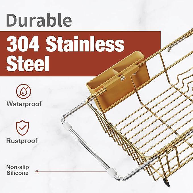 Sink Dish Drying Rack, Expandable Stainless Steel Dish Rack Over Sink, Kitchen Sink Drain Strainer with Cutlery Holder & Cup Holders, Space Saving Plates Dryer Rack, Gold