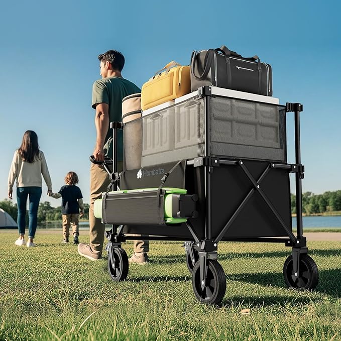 Folding Wagon Cart Foldable with Wheels, Adjustable Double Decker 150L-300L Capacity, All-Terrain Wheels & Brake, 450LBS Heavy Duty Collapsible Wagon for Beach, Camping, Outdoor