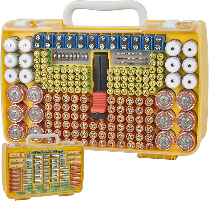 Battery Organizer Storage Holder Case with Double-Sided, Garage Box with Tester Checker. Batteries Container for 269pcs AA AAA AAAA 3A 4A 9V C D Lithium 4LR44 CR2 CR123A CR1632 CR2032 18650 - Yellow