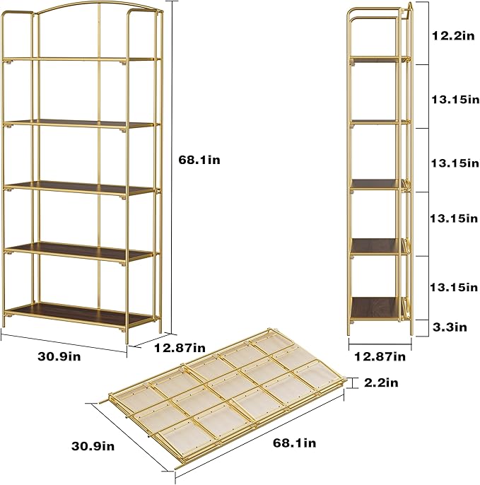 Crofy No Assembly Folding Bookshelf for Living Room, 5 Tier Gold Collapsible Book Shelf for Home Office, Portable Bookcase Storage Organizer