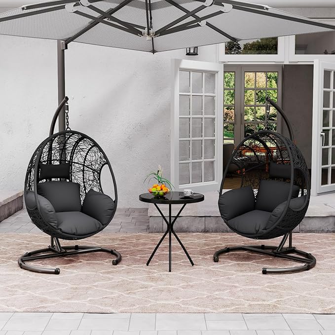 Hanging Egg Chair with Stand - Egg Swing Chair Outdoor Indoor Patio Wicker Chair Swing Hammock Egg Chairs 400lbs Capacity for Outside Patio, Bedroom, Garden and Balcony (Grey-nest, 2P)
