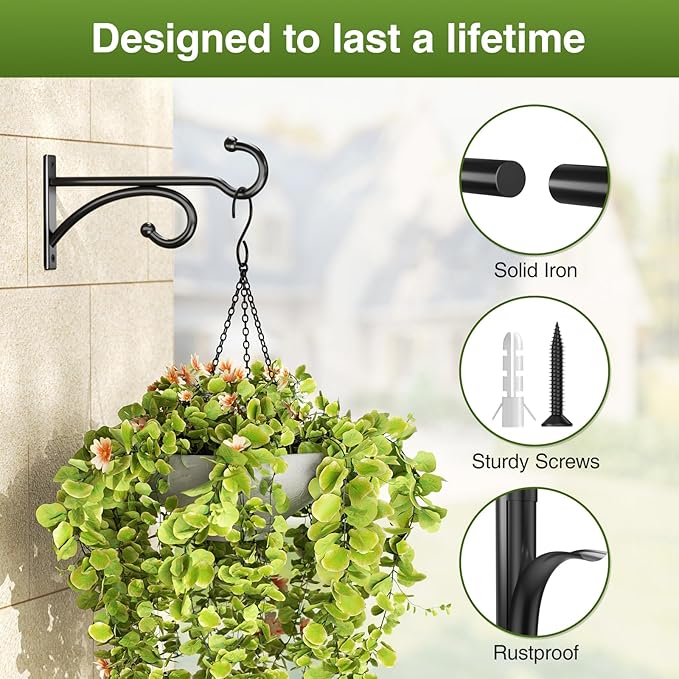 6" Plant Hanger Hooks Outdoor Indoor Planter Hooks, Wall Mounts for Hanging Plants, Baskets, Wind Chimes, Bird Feeders, Lanterns, Bird Houses (Black Metal, 2-Pack)