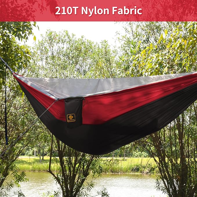 Camping Hammock, Portable Hammocks with Mosquito Net,Lightweight Nylon Parachute Hammock with 10ft Tree Straps,Camping Gear Must Haves for Travel Hiking Backpacking Beach Patio-Black&Red