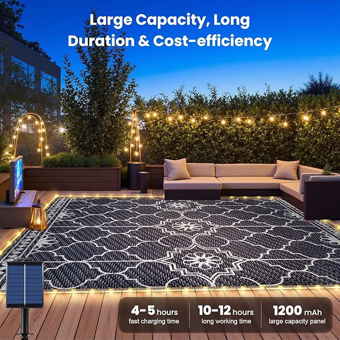 9x12Ft Outdoor Rug, Solar Powered Outdoor Rug with 131LEDs Strip Lights for House Deck, Waterproof Plastic Reversible Outdoor Straw Rugs, Rugs Mat RV Camping Patio Beach Balcony Picnic (Blue White)