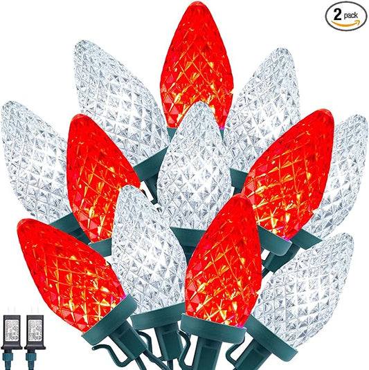 2 Pack C9 LED Christmas String Lights - Each 82ft 100 LED Outdoor String Lights with Timer and 8 Lighting Modes, Plug in Extendable Roofline Lights String for Outside Yard Christmas Holiday Decoration