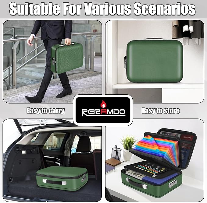 Fireproof Document Box, Hard Shell Fireproof Box, Document Organizer with Lock, Fireproof Water Resistant box, Portable Documents Safe Box for Important Document Certificates, Laptop, Passports, Green