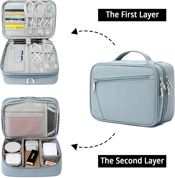 mygreen Electronics Travel Organizer, Watreproof Electronic Accessories Case Portable Double Layer Cable Storage Bag for Cord, Charger, Flash Drive, Phone, Ipad Mini, SD Card, Gifts for Him Blue