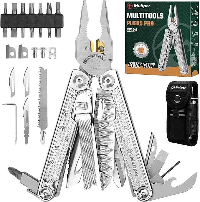 Multitools Pliers Pro, Upgraded Multi Tool With Damascus Knife, Replaceable Wire Cutters and Screwdirver Set, Foldable Multitools with Scissors, Screwdriver, Ideal for Camping,Survival, Repair