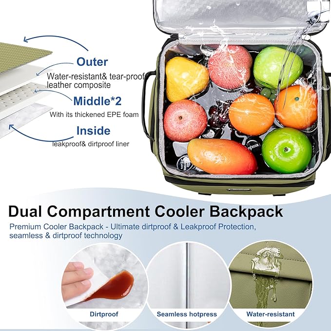 Weitars Insulated Cooler Backpack,Double Deck Waterproof Soft Cooler Bag,Backpack Coolers Leak Proof Lunch Backpack for Men Women for Travel,Camping,Picnic,Beach,Picnic,Outdoor 31L/52 Can