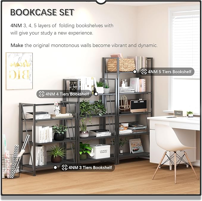 4NM No Assembly Folding Bookshelf, 5-Shelf 62.2" H Collapsible Foldable Bookcase Storage for Small Spaces, All Black