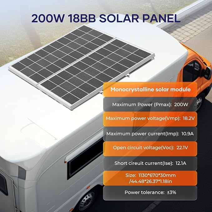 18BB 200 Watt Solar Panel N-Type 200W Solar Panel 12V 24.3% High Efficiency Monocrystalline PV Module for RV Camper Marine Home Rooftop Power Station Off-Grid Systems (200w Single Panel)