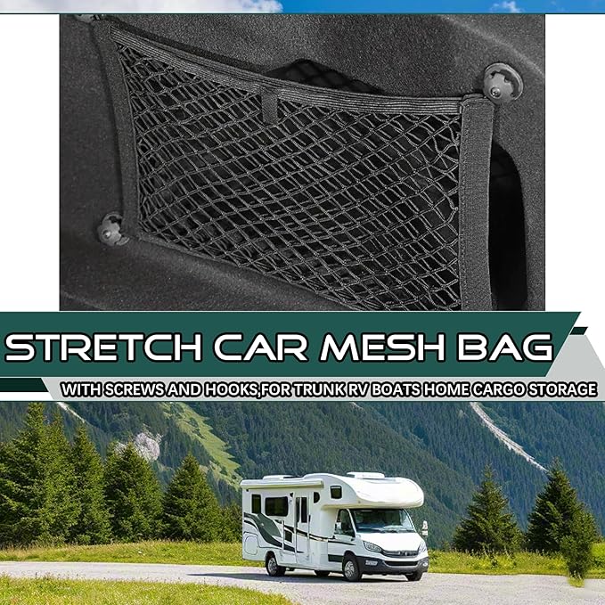 JINGKE 2 Pcs Small Cargo Net Pocket Elastic Mesh Netting Car Mesh Pouch with Screws and Hooks for Trunk RV Boats Home Cargo Storage (21.7'' x 9.8'')