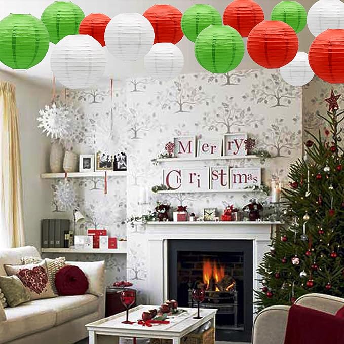 Paper Lanterns Party Decorations Red White Green - Hanging Paper Lanterns Indoor Outdoor - Christmas Fiesta Mexican Supplies Patrick's Day Decoration, 15pcs