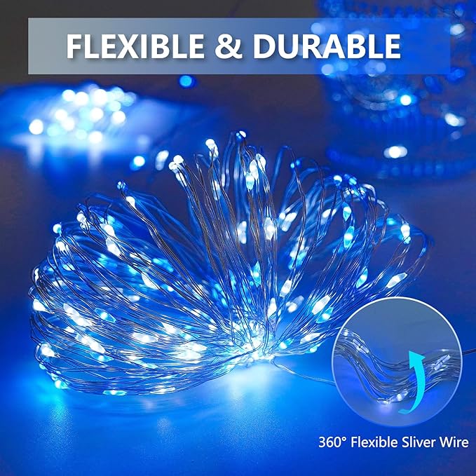 SANJICHA Blue and White Solar String Lights, Extra-Long 2 Pack 144FT 400LED Solar Christmas Lights Outdoor Waterproof, Sliver Wire 8 Modes Twinkle Light for Garden Tree Party Wedding Decorations