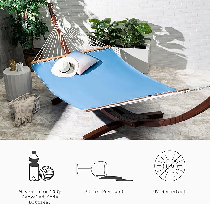 Fab Habitat Solid Recycled Polyester Hammock - Fargo - Blue - Indoor/Outdoor, Quick Dry, 2 Person 460 lbs Capacity - Patio, Poolside, Backyard, Garden, Beach, Balcony - 12-14 ft Adjustable