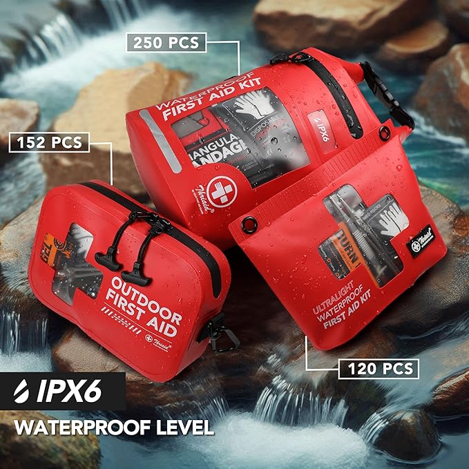 152 PCS Waterproof First Aid Kit, Portable Small Boat Dry Bag Bug Out Bags, Emergency Medical Kit Ideal for Boating, Camping, Fishing, Kayaking, Floating, Red