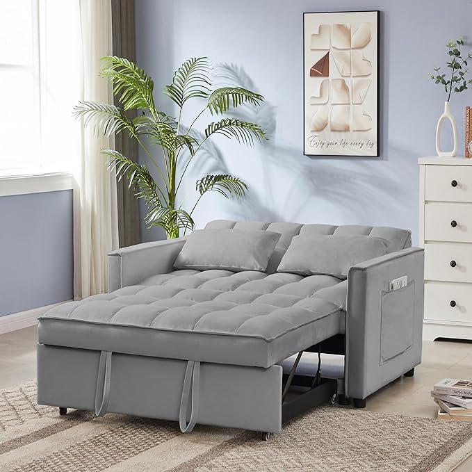53" Convertible Sofa Bed with Pull-Out Bed - Velvet 3-in-1 Reclining Futon Loveseat, Space-Saving Sleeper Couch with Adjustable Backrest & Side Pockets, Modern Living Room Furniture (Grey, Full Size)
