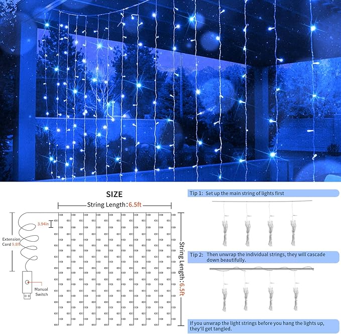 suddus Curtain Lights for Bedroom, 200 Led Hanging String Lights Outdoor Waterproof, Fairy Curtain Lights for Backdrop, Window, Wall, Wedding, Party, Blue