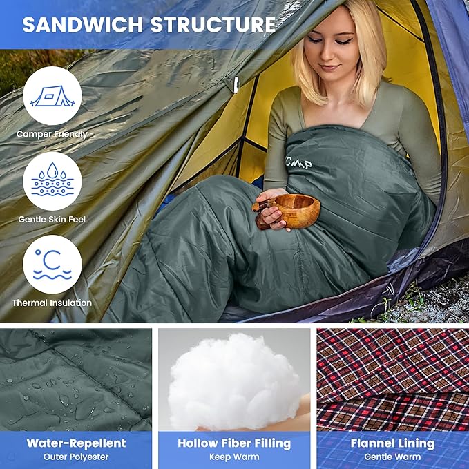 0 Degree Sleeping Bag for Cold Weather,100% Cotton Flannel XXL for Adults Big and Tall Cold Weather Winter Zero Degree Camping,Free Compression Sack