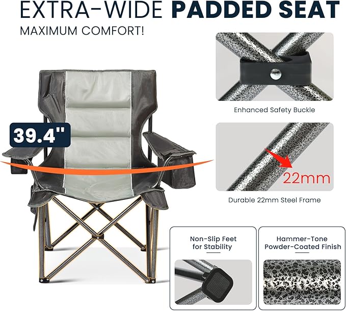 Oversized Folding Camping Chair for Adults, Supports 500 LBS Camping Chairs, Outdoor Lawn Chairs for Adults, Portable Chairs for Camping, Beach, Fishing, Hiking, Gray