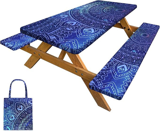 Picnic Table Cover with Bench Covers Camping Tablecloth with Storage Bag Windproof Waterproof Picnic Table Covers with Elastic for Camping