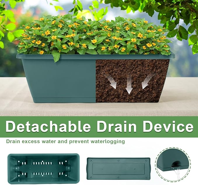 HAITRAL Railing Planter Boxes (16.9 Inch, 6 Pack) Green Plastic Deck Rail Planters for Outdoor Plants, Hanging Window Boxes with Drainage Tray for Over Rail Porch Fence,Balcony & Home Decor