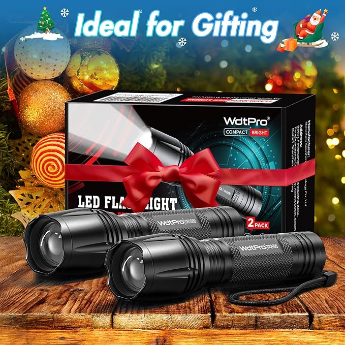 WdtPro LED Flashlight High Lumens SR2000 Pro, 2 Pack Brighter Tactical Flashlights with 5 Modes & Zoomable, Powerful Mini Flash Light for Emergency, Camping, Hiking (Black)