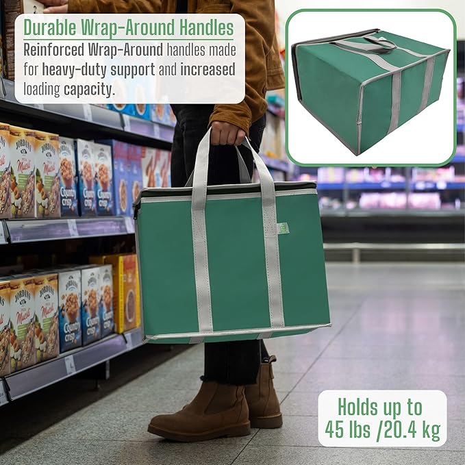 VENO 2 Pack Cooler Bag and Insulated Grocery Bags for Food Delivery, Collapsible Cooler, Reusable Shopping Bags for Groceries with Zipper, Foldable, Heavy-Duty, Stands Upright (Green, 2 Pack)