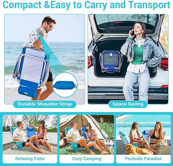 #WEJOY Folding Beach Chair for Adults, 4-Position Aluminum Lightweight Beach Chair, Low Sands Chairs with Shoulder Strap, Cup Holder and Padded Headrest, Supports 265lbs for Lawn