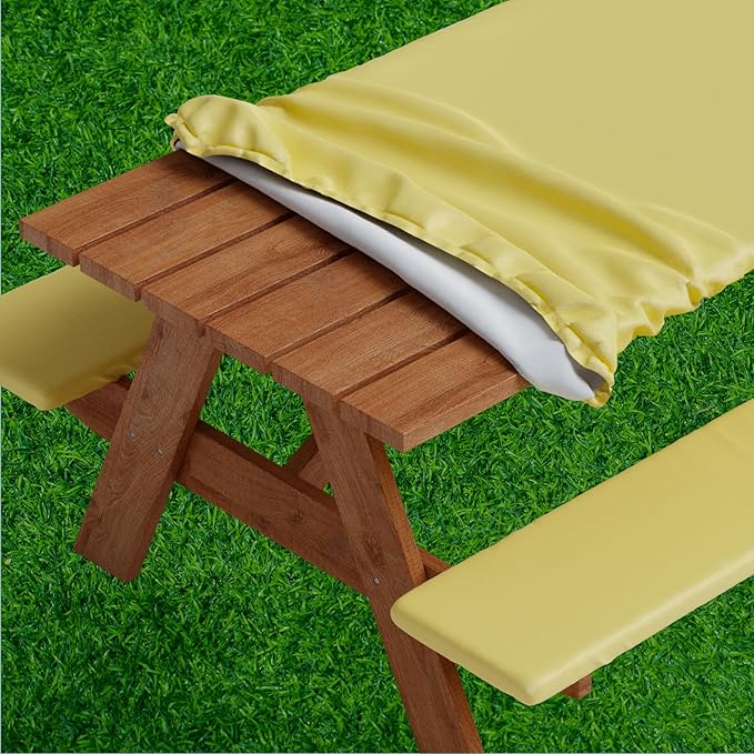 Sorfey Picnic Table Cover with Bench Covers -Fitted with Elastic, Vinyl with Flannel Back, Fits for Table 30"x 72" Rectangle,Water Proof, Solid Yellow Design